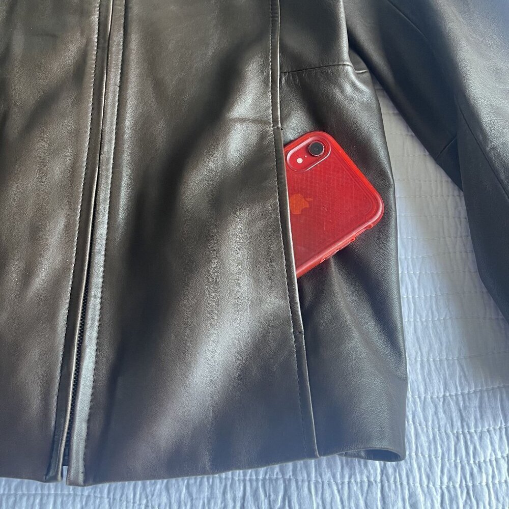 Portrait Petite Medium Brown Leather Jacket Zip Front Lined Pockets NEW Office - Picture 7 of 11